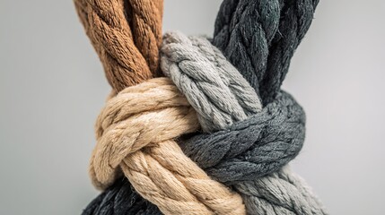 binding. Abstract close-up of intertwined ropes symbolizing unity, with textured fibers under soft directional lighting. wellbeing guides.