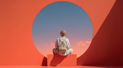 Meditating person sitting on a red block in front of a circular opening revealing a sunset sky.