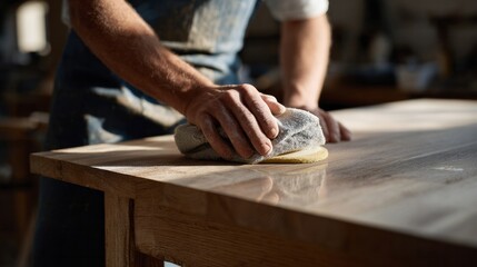 A bearded artisan sands oak, evoking whispering woods, craftsmanship, and Handicraft Day, celebrating skillful Caucasian male hands