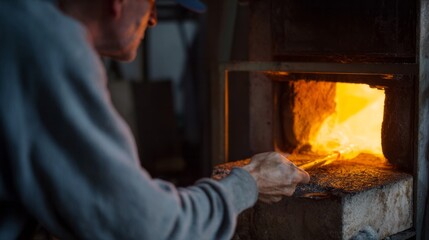 In gentle dusk glow, an elderly Caucasian man tends glowing kiln fire, evoking Solstice pottery traditions and quiet craftsmanship