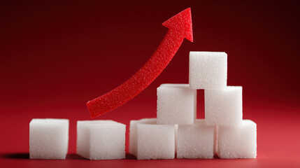 A collection of sugar cubes is arranged in a pyramid shape. An upward arrow made of a red material points to the increase in sugar consumption, emphasizing a trend in dietary habits