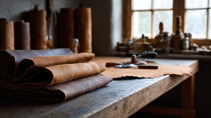 Warm sunlight bathes stacks of rich leather in a rustic atelier, echoing the spirit of St Crispin's Day craftsmanship