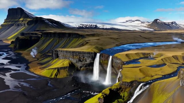 Aerial view flying over the breathtaking landscape of Iceland during the daytime