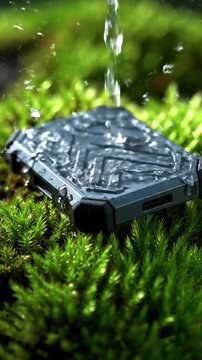 頑丈なポータブルSSDに水滴がゆっくりと落ちるクローズアップスローモーション