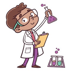 Cheerful ethnic boy in lab coat observes flask with bubbling liquid while holding clipboard