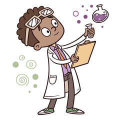 Young scientist looks at test tube while holding a clipboard in laboratory study