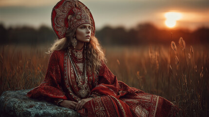 Slavic princess in traditional folk attire gazes into the sunset in a tranquil field, celebrating cultural heritage and timeless beauty