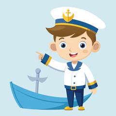 Smiling sailor points toward his blue boat as he shares his nautical adventures