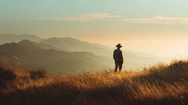 Solitary figure standing on a grassy hill overlooking misty mountains at sunset.