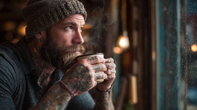 Hipster Man with Tattoos Enjoying Coffee in a Cozy Cafe.