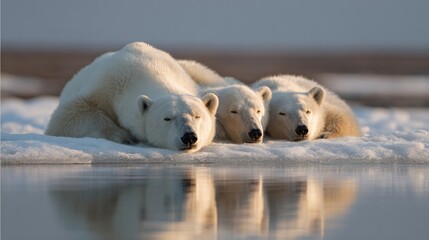 Three polar bears rest serenely on icy tundra, reflecting Arctic Chill Festival and International Polar Bear Days tranquil vibes