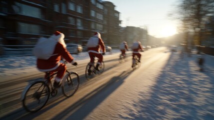 Jolly Santas on bikes ride snowy streets at dawn, evoking Nordic Julfest magic and quirky Yuletide cardio adventures