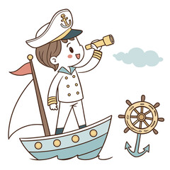Happy sailor boy looks through spyglass while sailing in a boat on ocean