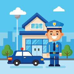 Cartoon police officer stands near a blue police car outside the station with smile