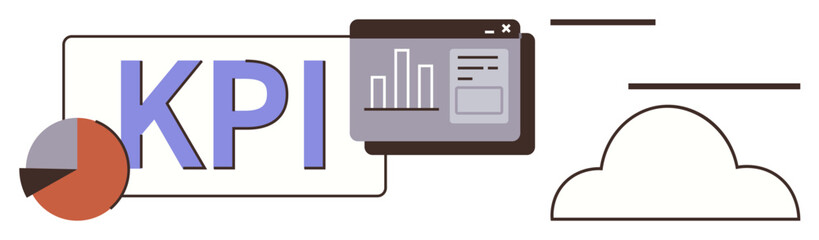 KPI text next to pie chart, bar graph, and cloud icon, signifying performance insights, business analysis, data visualization, IT solutions, productivity tracking, cloud connectivity and metrics