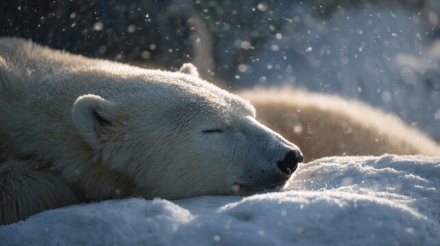 Sleeping polar bear under ethereal snowfall, embodying Arctic tranquility, World Ice Bear Day celebration, pristine wintry calmness theme