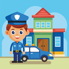 Smiling cartoon policeman stands beside his blue police car near the station