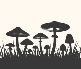 Naklejka premium Silhouette of various mushrooms growing in grass against a plain background, nature illustration