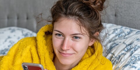A young Caucasian woman in a cozy yellow robe, smiles at her phone, capturing the serene magic of Digital Detox Day and National Cozy Mystery Day