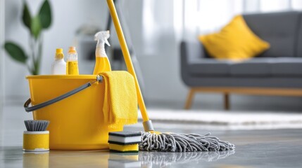 Assortment of professional cleaning supplies on floor in modern living room.