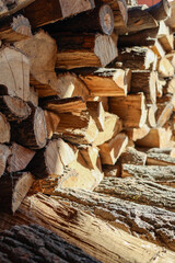 Preparing firewood for the winter. Oak timber.  Heating with the wood.