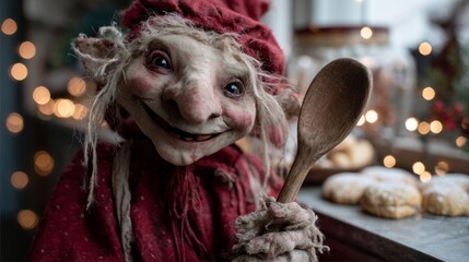 Rambunctious Yule Lad delights in mischievous cookie-baking, evoking Icelandic folklore and whimsical tales of holiday mischief