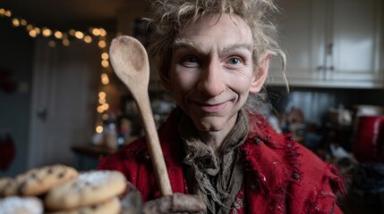 A whimsical baker with elfin features revels in festive, sugar-dusted delight, perfect for Yuletide revelries and quirky folklore tales