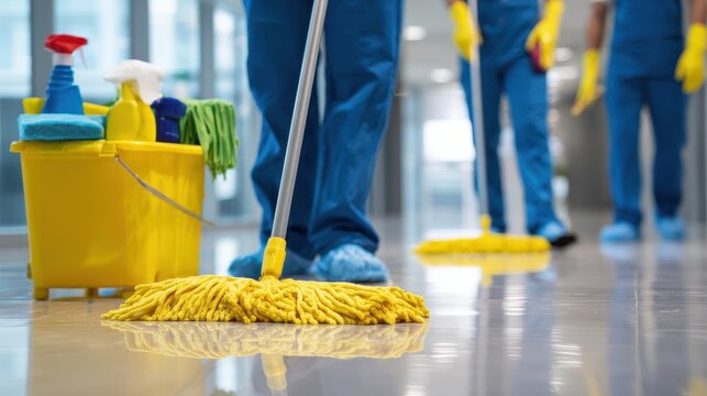 Professional cleaning crew mopping floors in a commercial or office building