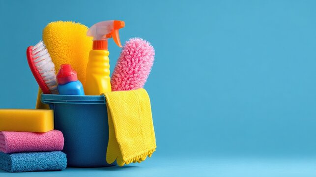 Assortment of colorful cleaning supplies in a bucket on a blue background