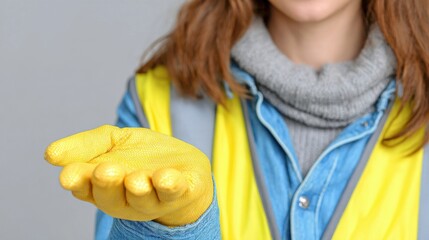 Person wearing yellow safety vest extending gloved hand forward