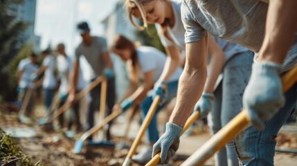 Community volunteers working together on an outdoor cleanup project
