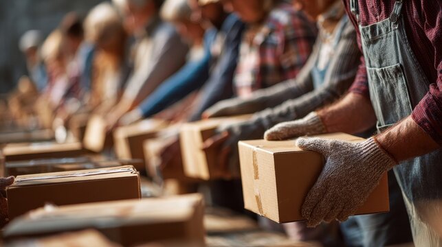 Volunteers in Line Passing Cardboard Boxes on an Assembly Line