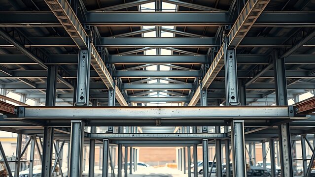 ibeam. Exposed steel I-beam support structure on a construction site with metallic textures. real-estate listings.It implies production safety in large factories