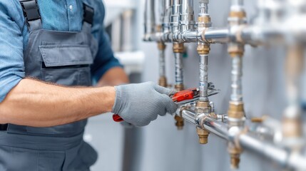 Plumber working on complex pipe system with wrench, illustrating repair services.