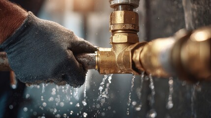 Hand in Glove Fixing Leaking Brass Pipe with Water Drops