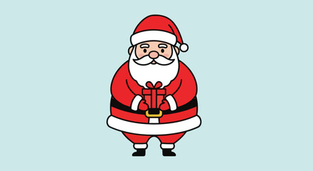 A cheerful, cartoon illustration of Santa Claus, dressed in his iconic red suit with white trim, holding a wrapped gift, standing against a light blue background.