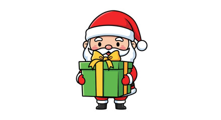 Cute cartoon Santa Claus character holding a festive green gift box with a yellow ribbon, ready for Christmas celebration.