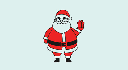 A cheerful cartoon illustration of Santa Claus, dressed in his iconic red suit and hat, holding a wrapped gift in his outstretched hand.