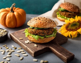 Vegan pumpkins burgers on a cutting board on gray table with fresh pumpkins and linen and sunflowers