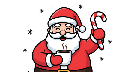 Cheerful cartoon Santa Claus holding a steaming hot drink and a festive candy cane with snowflakes.
