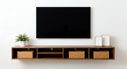 Modern TV Stand with Decorations and Plant, Minimalist Interior
