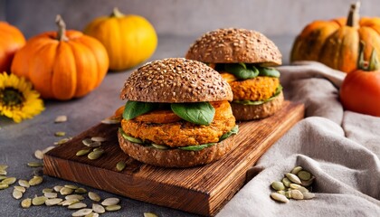 Vegan pumpkins burgers on a cutting board on gray table with fresh pumpkins and linen and sunflowers