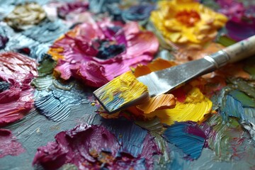 Obraz premium The artist used oil and acrylic brushes to create a painting of flowers.