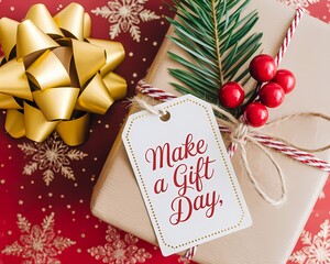 Elegant make a gift day present with gold bow and red berries on red background