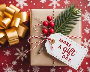 Festive make a gift day present with gold bow and berries on red snowflake background