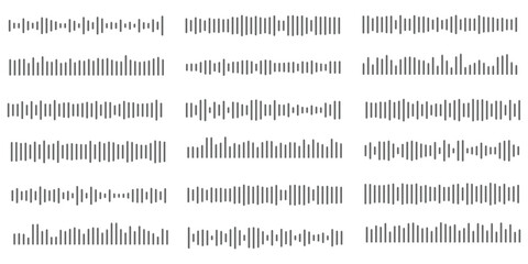 Black podcast sound wave patterns with varying amplitude bars for audio visualization and media interfaces. Digital frequency lines on white bg for music players, recording apps or broadcast design