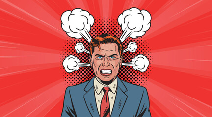 An enraged and furious man in pop art style. Vector illustration in pop art style.