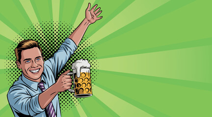 A young cheerful man with a beer in pop art style. Vector illustration in pop art style.