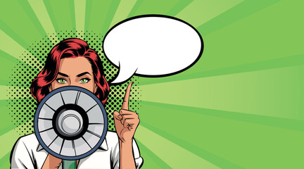 Young woman in pop art style with a loudspeaker and speech bubble. Vector illustration in pop art style.