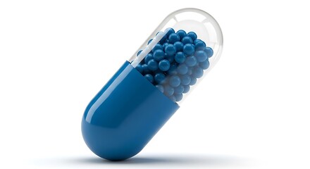 Transparent capsule filled with blue pellets on white background